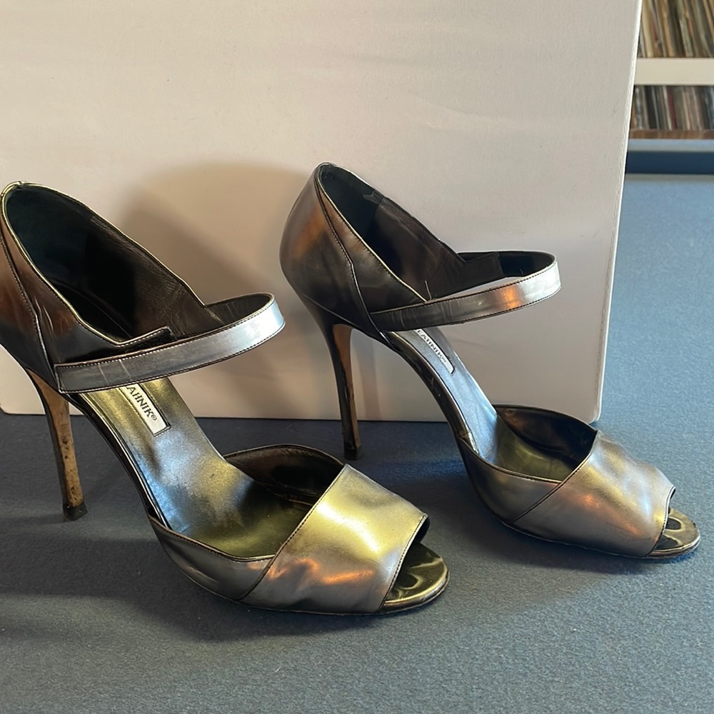 Manolo Blahnik Heel with Ankle Strap, Metallic Anthracite
